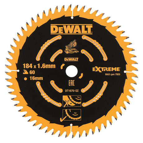 Dewalt Zubehör Kreissägeblatt 184 x 16 x 60 Zähne, Wechselzahnung, positiv 7°, Kerbe 1,65 mm – dt1670-qz