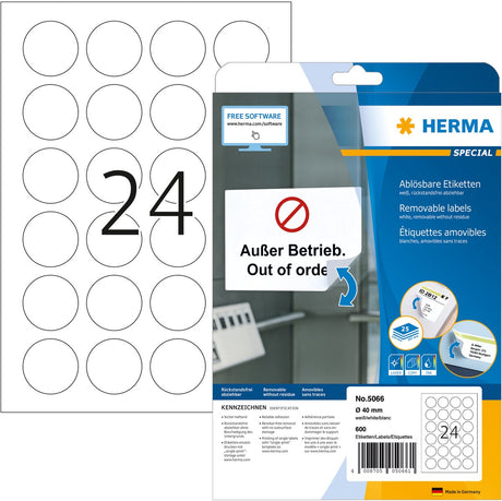 Herma 5066 bewegliche Etiketten ø 40 rund 25 Blatt DIN A4 600 Stück.