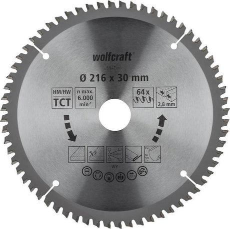 Wolfcraft - Sägeblatt 216 x 30 mm - 64 Zähne - Gehrungssägeblatt HM, Serie Flieder - 6541000