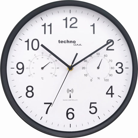 Technoline wt 8945 – Wanduhr – analog – rund – Kunststofffenster – funkgesteuerte Zeitanzeige – Innentemperatur – Innenfeuchtigkeit – Schwarz