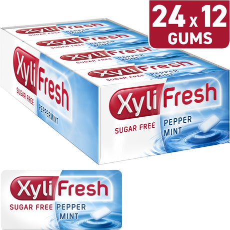 Xylifresh Peppermint Gum Box mit zuckerfreiem Kaugummi – Erfrischer – Vorteilspack mit 24 Packungen à 18 g. Zuckerfreier Kaugummi mit Xylit. empfohlen vom Elfenbeinkreuz. Für spürbar saubere Zähne