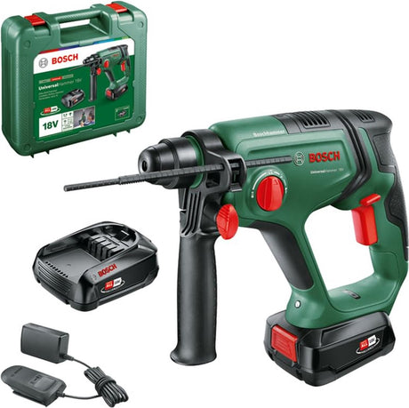 Bosch Universalhammer 18 V Akku-Bohrhammer – 2,0 J – mit 2 x 18 V Akku (2,5 Ah) und Ladegerät – im Koffer