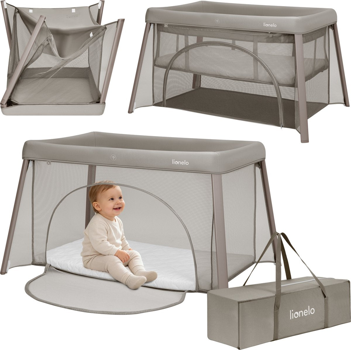Lionelo Mila – 2-in-1-Reisebett-Campingbett – leicht – 2 Höhenpositionen – 4 cm T25-Matratze – 360°-Mesh-Belüftung – schnell kompaktes Zusammenfalten – Seiteneingang mit Reißverschluss – inklusive Tragetasche – abnehmbarer waschbarer Bezug