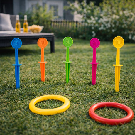 Eddy toys ring toss game 10pc - ringwerpspel voor kinderen - kunststof vang- en werpspel - leuk buitenspeelgoed voor jong en oud - afmetingen 27x14,3x6 cm - kleuren blauw, roze en oranje