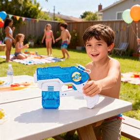 Eddy toys waterpistool space - lengte 20 cm - inhoud 200 ml - handmatige werking - gemaakt van kunststof - geschikt voor zomerse waterpret buiten - kleuren geel, groen en paars