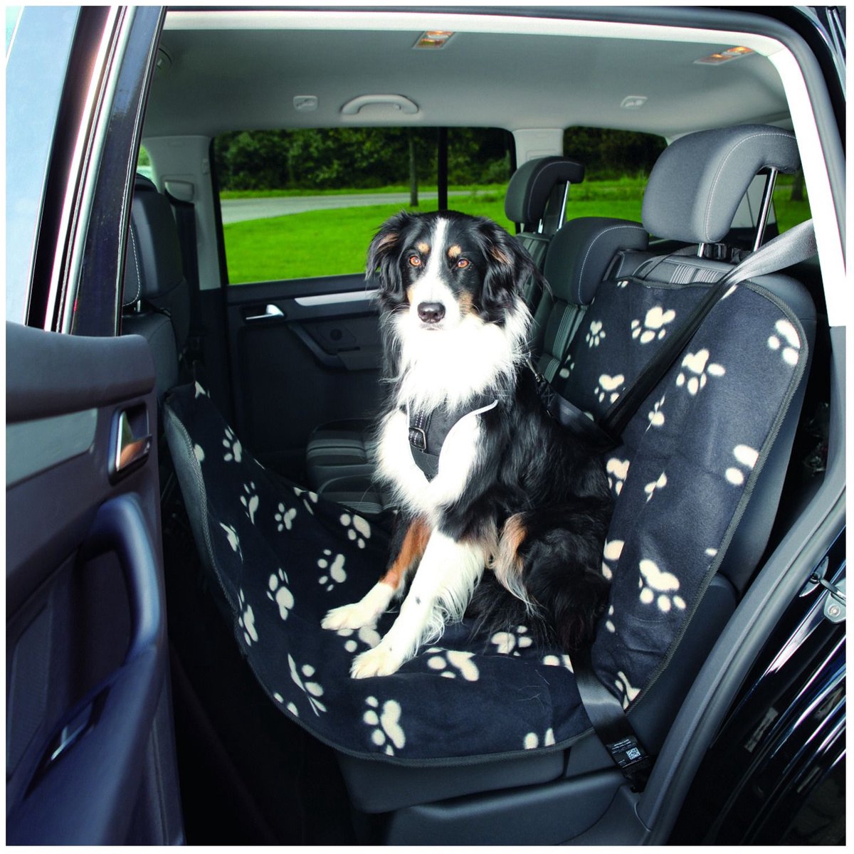 Trixie - Hundedecke - Autorücksitz - Pfotenabdruck - Nylonvlies - Schwarz Beige - 145x65 cm