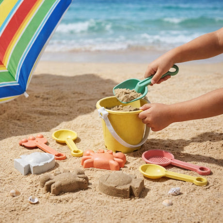 Eddy toys beach bucket set - zandspeelset 7-delig met emmer, schepje, hark, zeef en 2 zandvormen - kunststof - meerkleurig - geschikt voor kinderen van 3 tot 12 jaar - buitenspeelgoed voor het strand