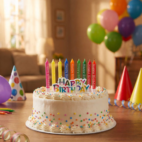 Party Casa Geburtstagskerzen mit Halter – Set mit 13 Stück – Happy Birthday-Aufdruck – inklusive passender Halter – mehrfarbig – Höhe 9,5 cm – geeignet für Kuchen und Partys