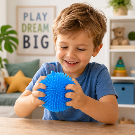Eddy Toys Pufferball – Zappel-Stressball aus Gummimaterial – Durchmesser 12 cm – geeignet für Jungen und Mädchen von 3 bis 8 Jahren – Farben Pink, Blau und Gelb – 2 Jahre Herstellergarantie
