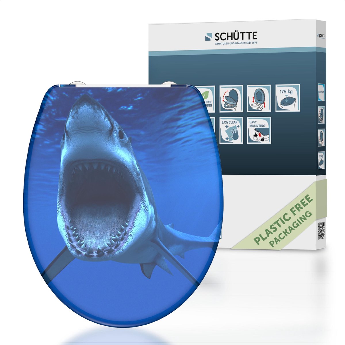 Schütte WC-Sitz 82371 Hai - Duroplast - Absenkautomatik - klickbar - Edelstahlscharniere - Belastbarkeit bis 175 kg - Dekor - 3-seitiger Druck