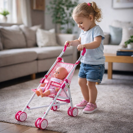 Eddy Toys Puppenwagen rosa faltbar – Kinderwagen für Puppen mit Sicherheitsgurt – Spielzeugpuppenwagen für Mädchen – Puppenbuggy mit Doppelrädern – 35 x 25 x 55 cm