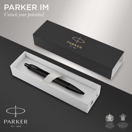 Parker im Kugelschreiber | mattschwarz mit schwarzen Details | mittlerer Punkt mit blauer Füllung | mit Geschenkbox