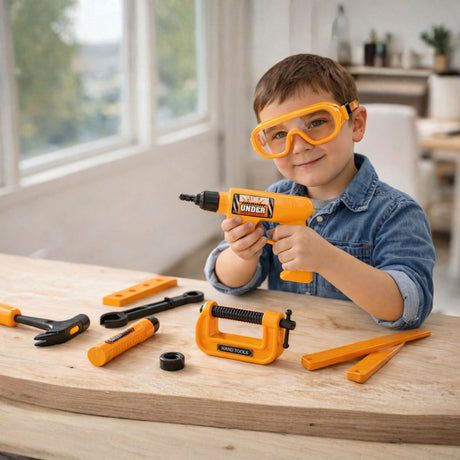 Eddy toys speelgoed gereedschapsset 13-delig - kinder gereedschapskoffer met boormachine, hamer, tang en veiligheidsbril - stimuleert fantasierijk spel - zwart en geel
