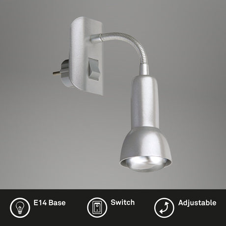 Briloner Paku - Stecklampe - Steckdosenlampe - flexibler Steckstrahler - Nachtlichtsteckdose - Stecklampe - exkl. E14 - Silber