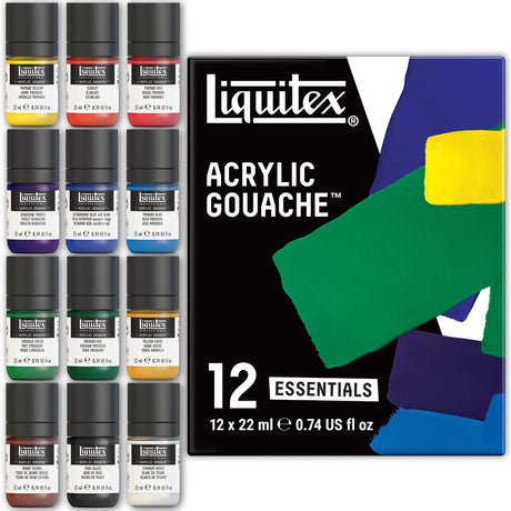 Liquitex 3699325 Acryl-Gouache-Set Essentials 12x22ml – hochpigmentierte Farbe, matt, deckend, für Illustrationsdesign