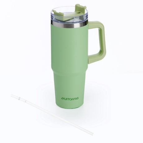 Muitomas Reisebecher – Reisebecher – doppelt isolierte Wand – praktischer Strohhalmgriff – 900 ml – grün