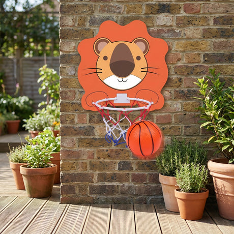Eddy Toys Basketball-Set Löwe – Basketball-Set mit Löwen-Rückwand und Ring – Kinder-Basketball-Set mit Netz und Ball – Indoor-Basketball-Rückwand – Orange, Weiß, Rot