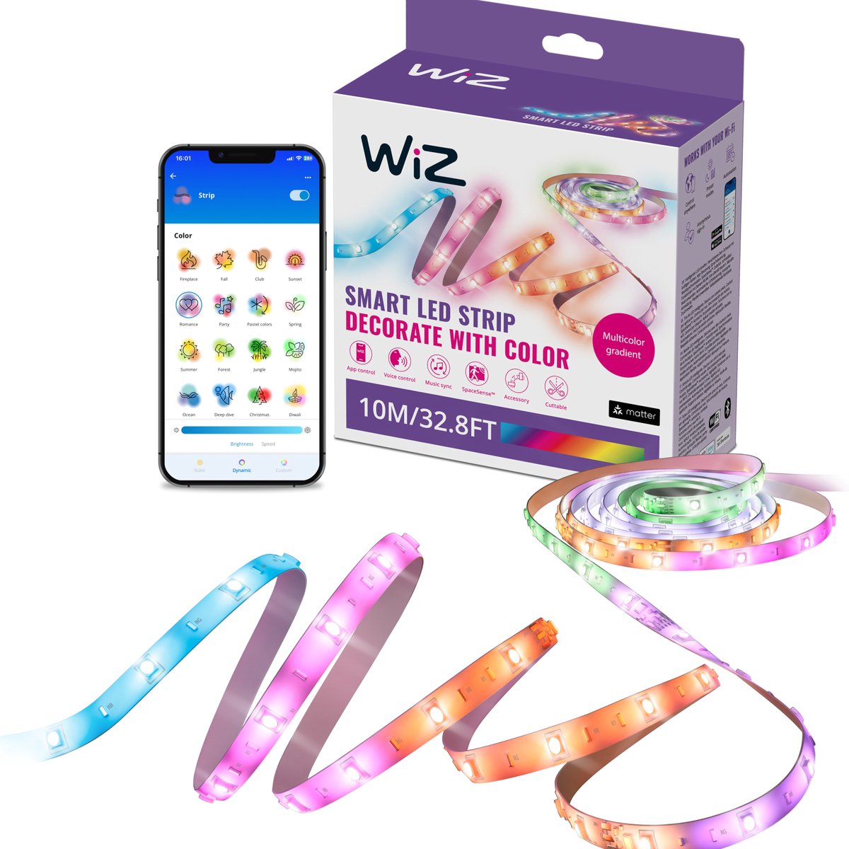 Wiz rgbic led strip - 10 meter (2x 5m) - makkelijke installatie - 16 miljoen kleuren - muzieksynchronisatie - rgbic; meerdere kleur tegelijk