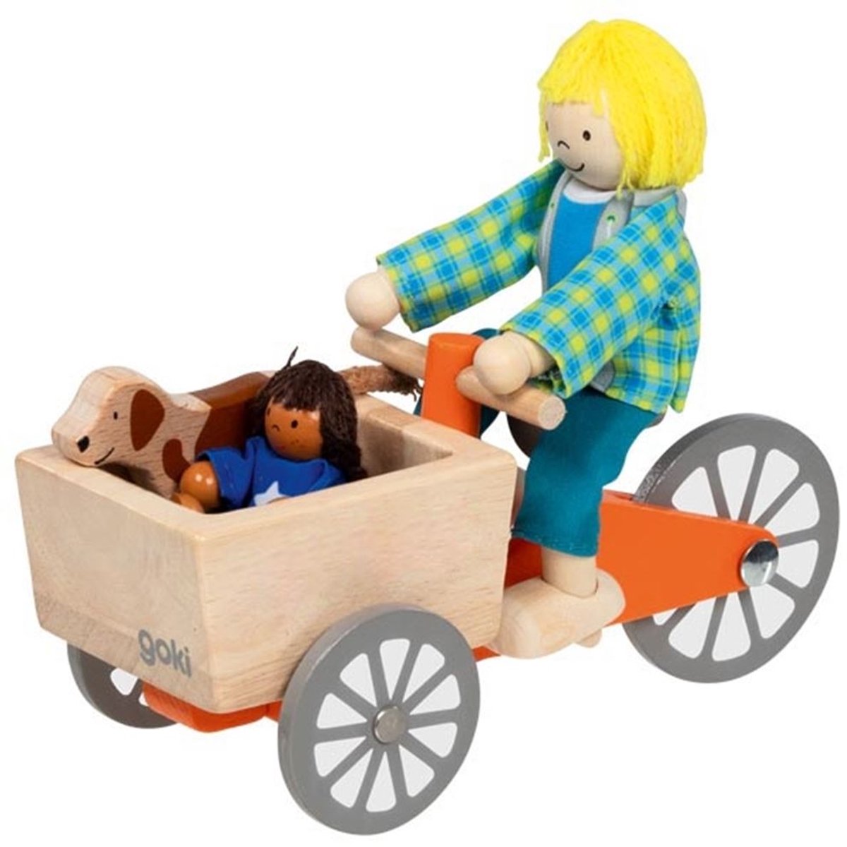 Goki Puppenhaus Lastenfahrrad aus Holz mit Kind und Hund