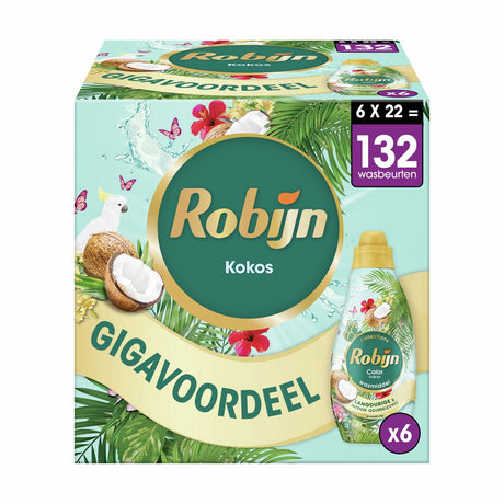 Robijn klein krachtig collections color kokos vloeibaar wasmiddel - 6 x 22 wasbeurten - voordeelverpakking