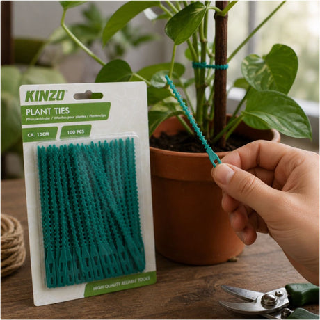 Kinzo Pflanzenbinder Pflanzenbinder – Pflanzenklammern zum Binden von Pflanzen – Pflanzenbinder für Pflanzenstützen – Gartenklammern zum Klettern – Pflanzenklammern – 100 Stück – ca. 13 cm - grün