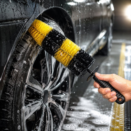 Dunlop velgenborstel 46 x 9,5 cm - randborstel voor velgen en autowielen - velgenreiniger met knokkelbescherming en rubber tip - zwart en geel