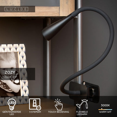 Lucide Zozy - Klemmlampe - LED 3-Stufen-Dimmung - 1x4W 3000K - Schwarz