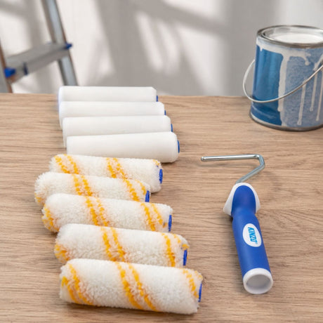 Kinzo verfrollerset 11-delig - verfroller set met 5 schuimrollers en 5 lakrollers - verfroller 11 cm met rollerbeugel - mini verfroller