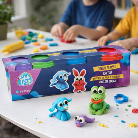 Eddy Toys Ton-Set Kinder 5 x 140 g – Modelliermasse-Set mit fünf Farben – Tontöpfe-Set für Kleinkinder und Vorschulkinder – Basteln von Tonspielzeugen mit Beispielfiguren – ab 18 Monaten