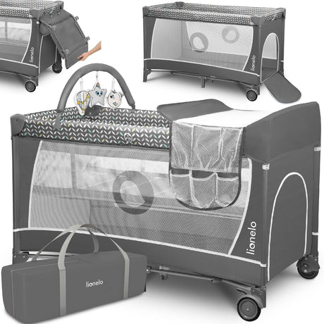 Lionelo flower campingbedje 2in1 – reisbedje box – 0-36 maanden – 2 hoogtes voor matras – verversmat met organizer – zij-ingang met ritssluiting – lockguard – zachte schuimmatras – snel opvouwbaar – beugel met speelgoed – draagtas