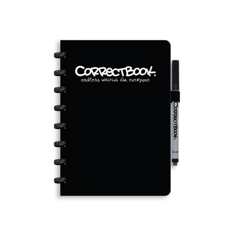 Correctbook a5 löschbares Notizbuch – wiederverwendbares Notizbuch – Tinte schwarz schwarz – liniert – inklusive Stiftwischtuch – kann mit zusätzlichen Seiten ergänzt werden