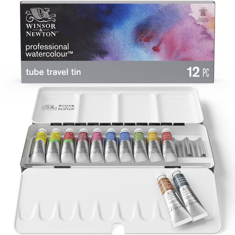 Winsor Newton professionelle Wasserfarbe, 12 Tuben à 5 ml, leichte Metallbox