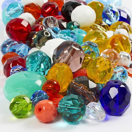 Facettierte Glasperlen der Firma Creativ, Größe 3-15 mm, Lochgröße 0,5-1,5 mm, ca. 450 Stück, verschiedene Farben, 400 g 1 Karton