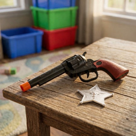 Eddy Toys Pistole + Stern – Spielzeugpistole mit Sheriff-Stern – Cowboy-Rollenspielspielzeug für Kinder – Spielzeugpistole aus Kunststoff – Größe 18,7 cm – Farbe Schwarz Braun Silber – Geeignet ab 3 Jahren