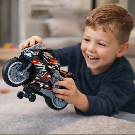 Eddy Toys Motor Wheelie – elektrisches Spielzeugfahrzeug mit Licht und Sound – Vollreifen – inklusive Batterien – Stuntmotor für Kinder – Maße 26 x 7 x 14,5 cm – Farbe Schwarz, Rot, Grün