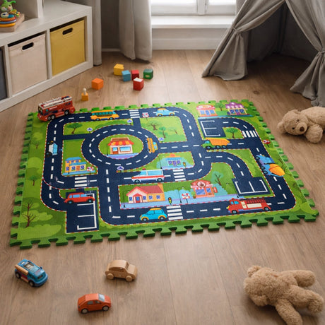 Eddy Toys Spielmatte Stadtverkehr – Spielmatte Stadtverkehr – 12 Puzzleteile – Lernspielzeug – strapazierfähiges Schaumstoffmaterial – Größe 30 x 30 cm – Farbe mehrfarbig – für Kinder