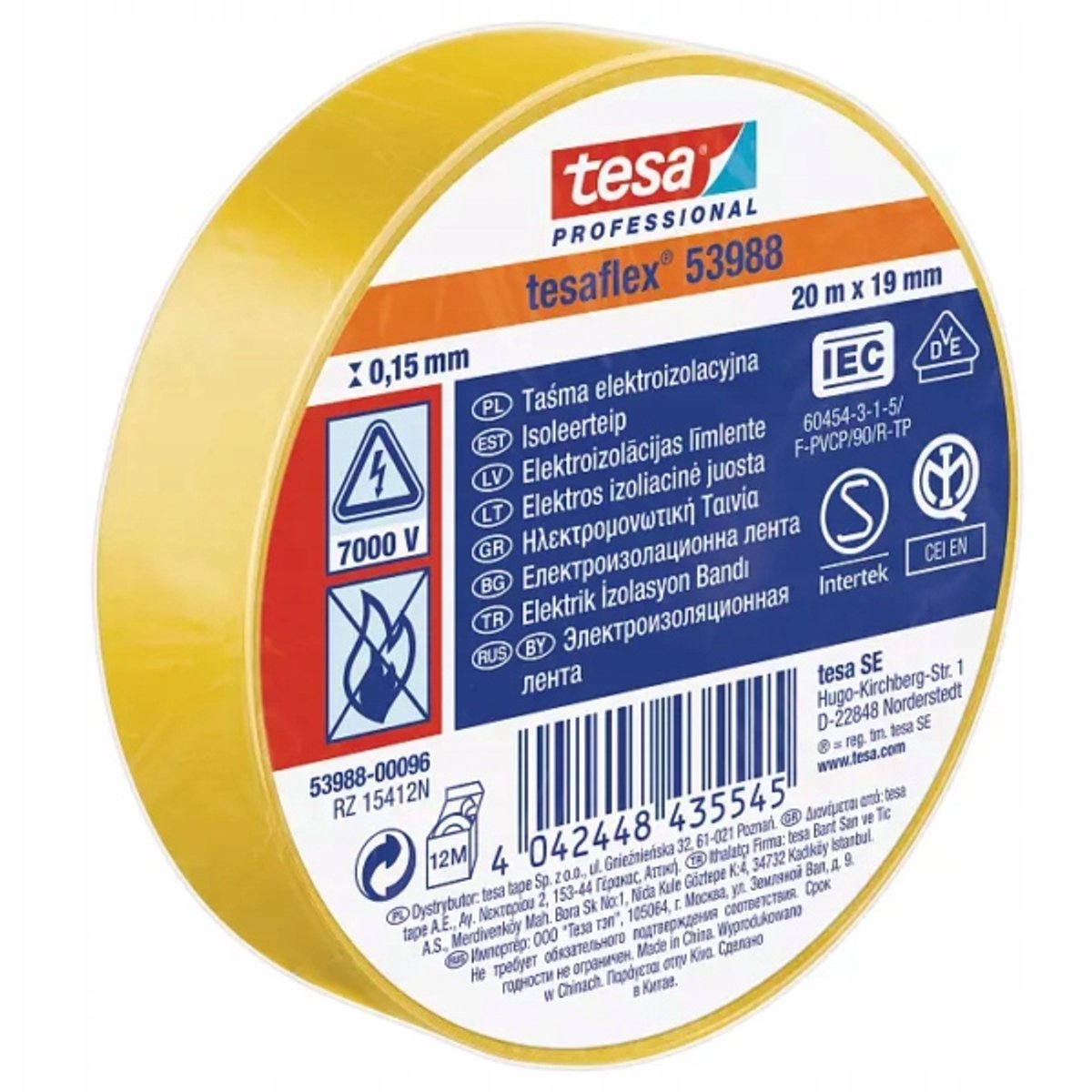 Tesa Isolierband 19 mm – 20 Meter – gelb
