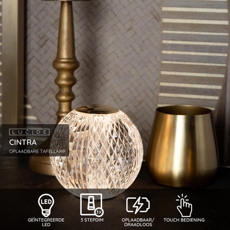 Lucide cintra - wiederaufladbare Tischleuchte - wiederaufladbarer Akku - ø 9 cm - LED 3 Stufendimmung - 1x1,5 W 2700 K - transparent
