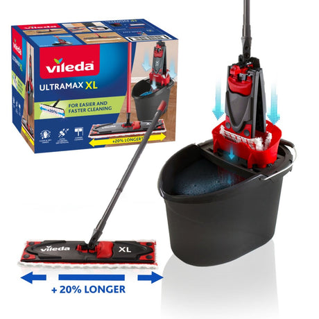 Vileda ultramax xl Komplettset mit Wischmopp und Eimer – Wischset mit Eimer – 20 % längerer Kopf – für alle Hartbodenoberflächen