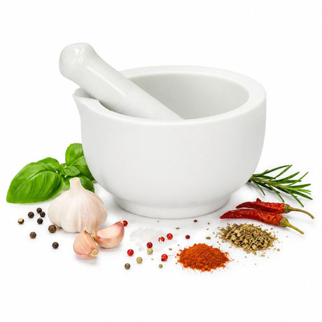 Alpina Kitchen Home Alpina Mörser mit Stößel aus Keramik – Gewürzmühle und Gewürzmühle – Mörser mit Ausgießer – geeignet für Pesto, Knoblauch, Nüsse, Saucen und mehr – weiß