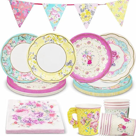 Talking tables 50-delige bloemen theekrans feestset – wegwerp servies tafeldecoratie voor 16 personen, moederdag, babyshower, verjaardag, inclusief borden, servetten, theekopjes dubbelzijdige slinger (4 m)