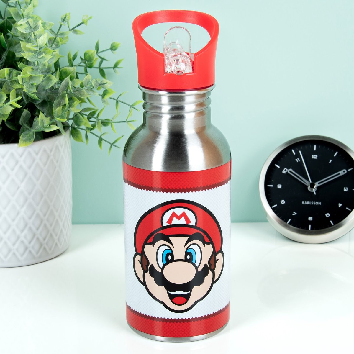 Paladone Super Mario Metall-Wasserflasche mit Strohhalm – offiziell lizenzierte Nintendo-Trinkflasche –