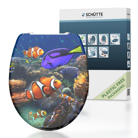 Schütte WC-Sitz 82372 Sea Life – Duroplast – Absenkautomatik – klickbar – Edelstahlscharniere – Belastbarkeit bis 175 kg – Dekor – 3-seitiger Druck