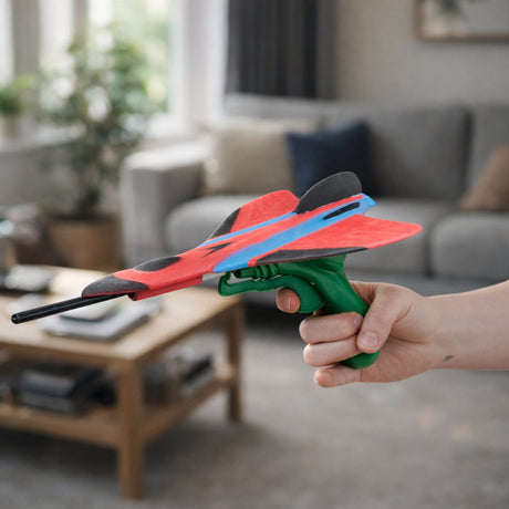 Eddy Toys Flugzeugwerfer mit Schaumstoffflugzeug – Flugzeugshooter für Kinder – Flugzeugstarterspielzeug – Flugzeugwerfer für draußen – Schaumstoffflugzeuge – 1 zufälliges Set