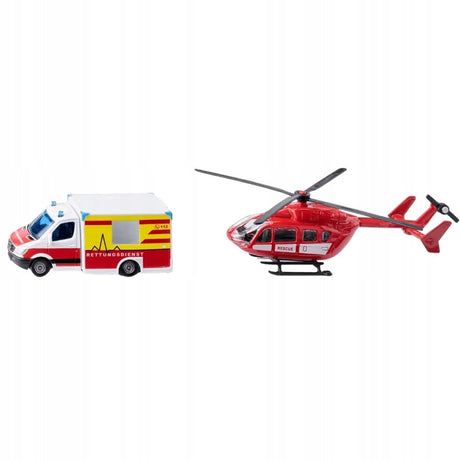 Siku 1748, Rettungsdienst-Set, Rettungshubschrauber und Mercedes-Benz Krankenwagen, Metall-Kunststoff, rot-weiß, rotierende Rotoren