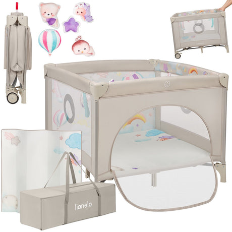 Lionelo Mille Plus Laufstall 0-36 Monate – Baby-Laufstall mit T25-Schaumstoffmatratze, Lernspielzeug, Griffe zum Stehenlernen, faltbares Mobile, Seitentür mit Reißverschluss – Spiel-Laufstall für Zuhause und auf Reisen