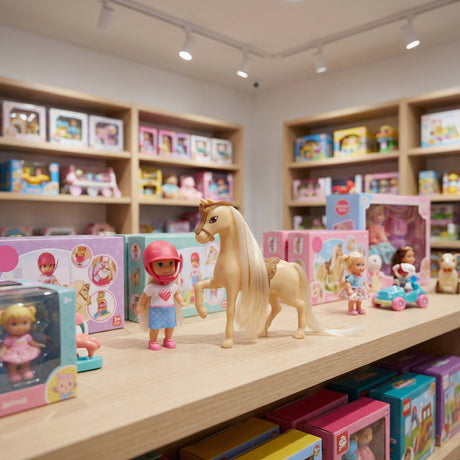 Eddy Toys Mini-Modepuppe mit Pferd – 9 cm große Puppe mit beigem Pferd – fördert kreatives Rollenspiel – schönes Geschenk für Kinder – Farbe: Beige-Rosa – Kunststoff