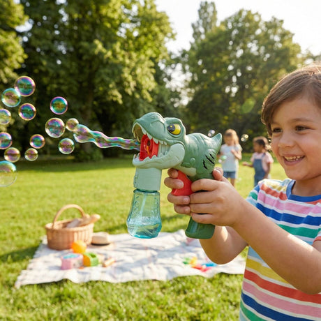 Bubblez 2-in-1 Seifenblasen-Spielzeugpistole – Delfin- und Dino-Design – inklusive 35 ml Seifenblasenlösung – ideal zum Spielen im Freien – blau und grün – Kunststoff – ab 3 Jahren