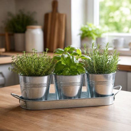 Kinzo Blumentopf-Set mit 3 Blumentöpfen aus Metall – Blumentopf aus Zink mit Pflanztopf mit Tablett – Kräutertöpfe für Blumentopf im Innenbereich – ca. 34 x 10,5 cm