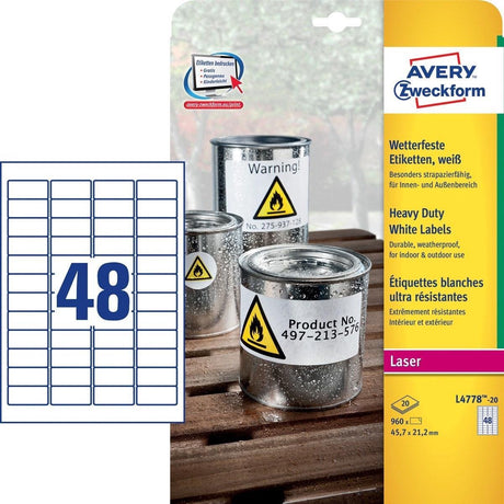 Markenlose, ultrastarke Avery-Etiketten in Weiß, Format 457 x 212 mm (B x H), 960 Stück, 48 Stück pro Blatt